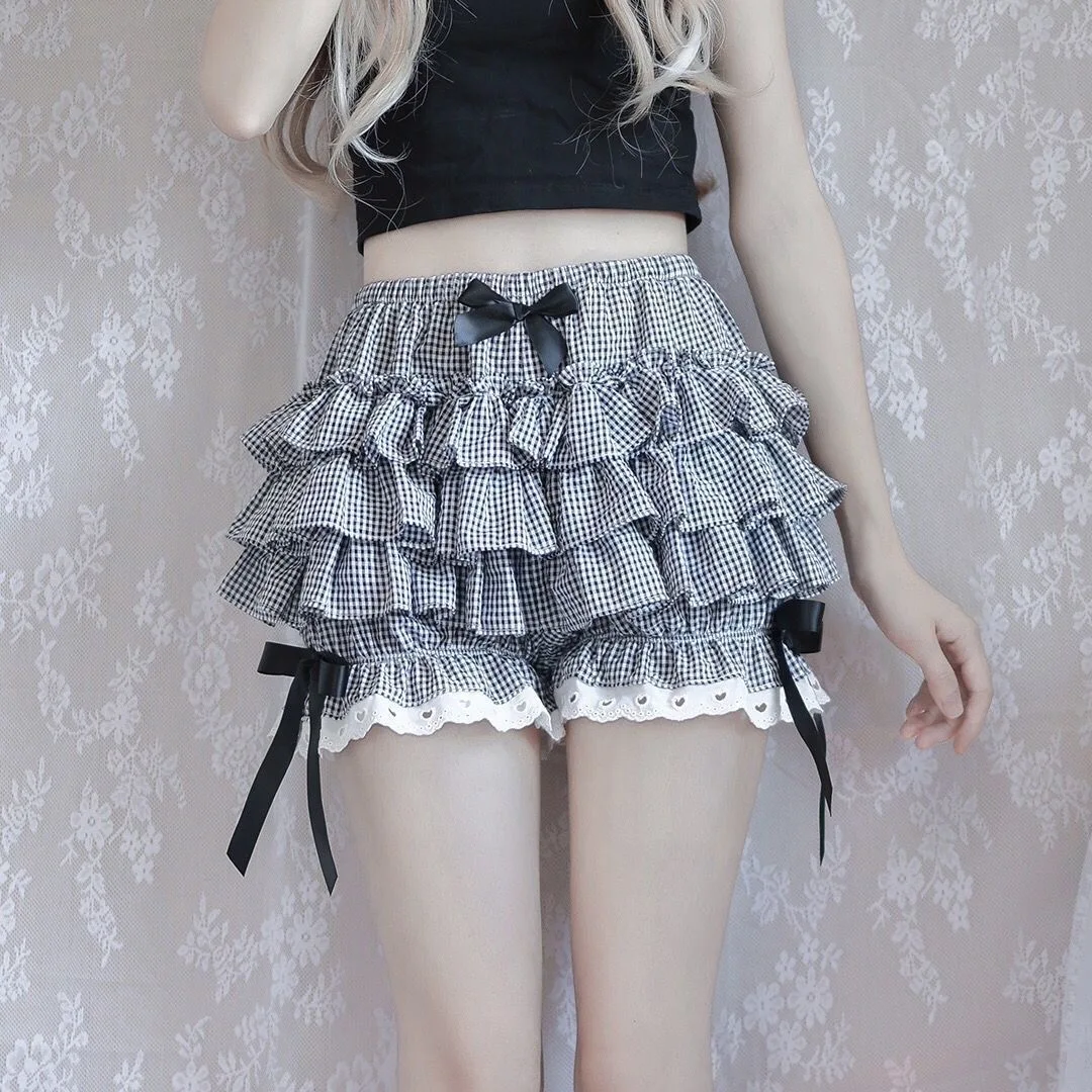 

Lolita Ruffle Mini Skirt Black and White Plaid Puffy Skirt Kawaii Cute Lace Layered Skirt 2025 Summer Women's Short Pants