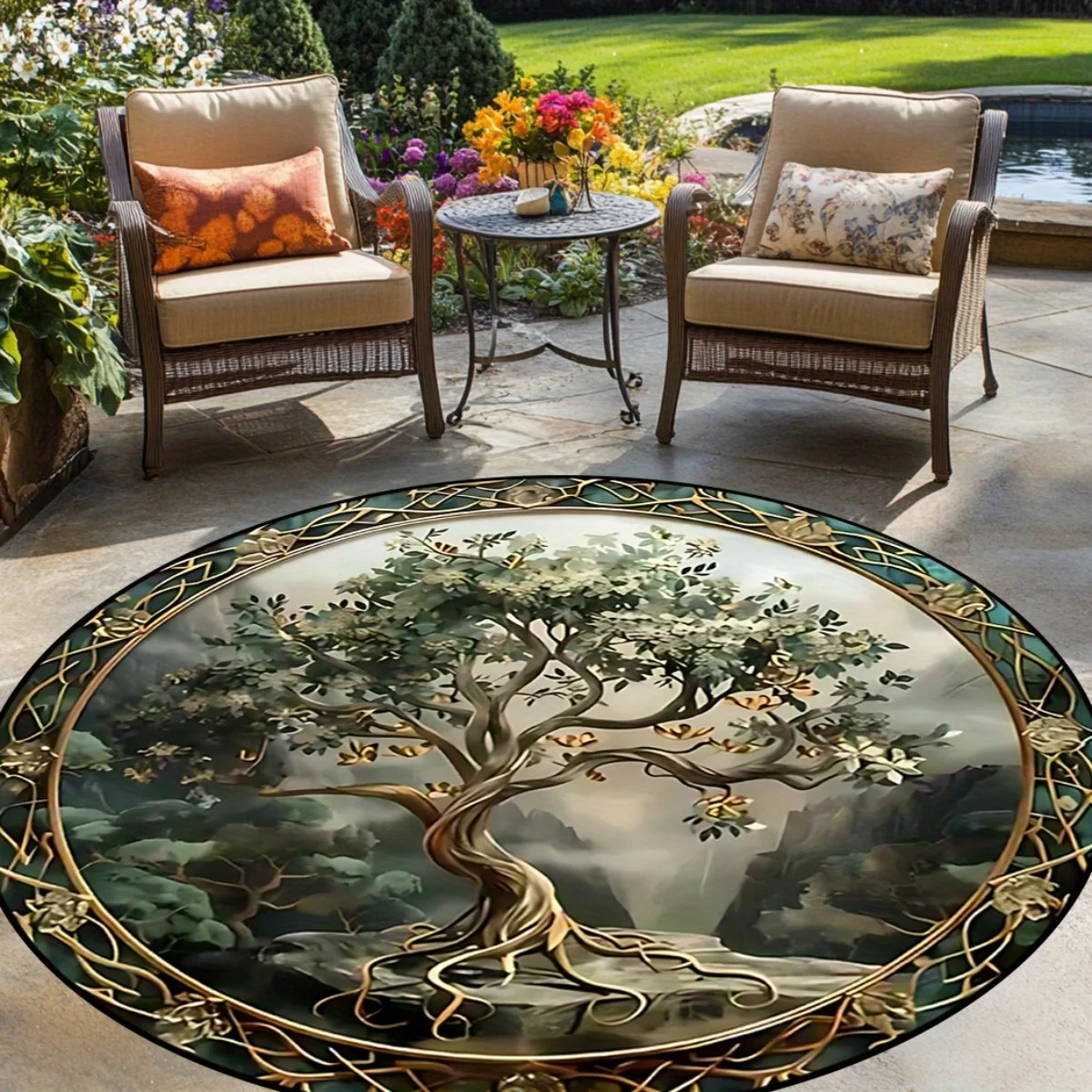Tree of Life Print Round Area Rug, Elegant Non Slip Floor Mat for Dining Room Living Room and Bedroom, Spring Home Decor Gift