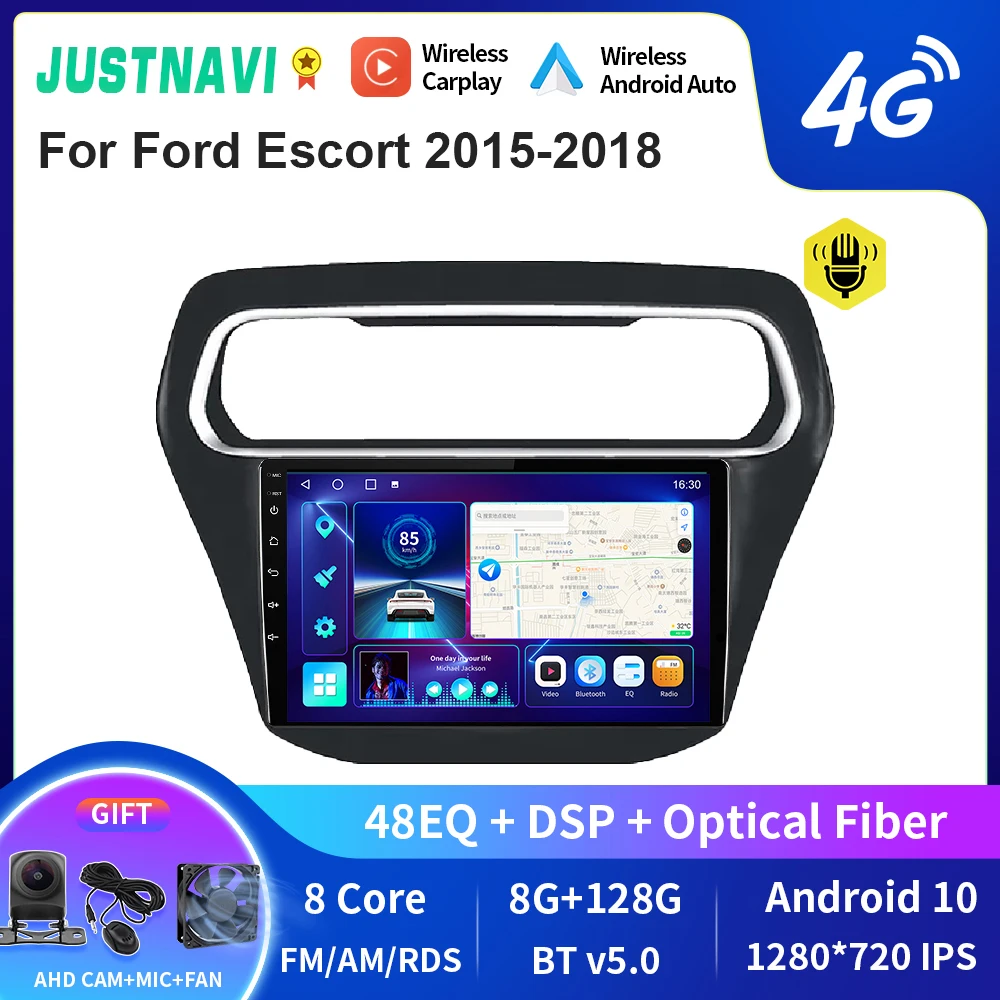 

JUSTNAVI QT10 Wireless CarPlay Android Auto Radio For Ford Escort 2015-2018 Stereo Car Multimedia Video Player GPS DVD