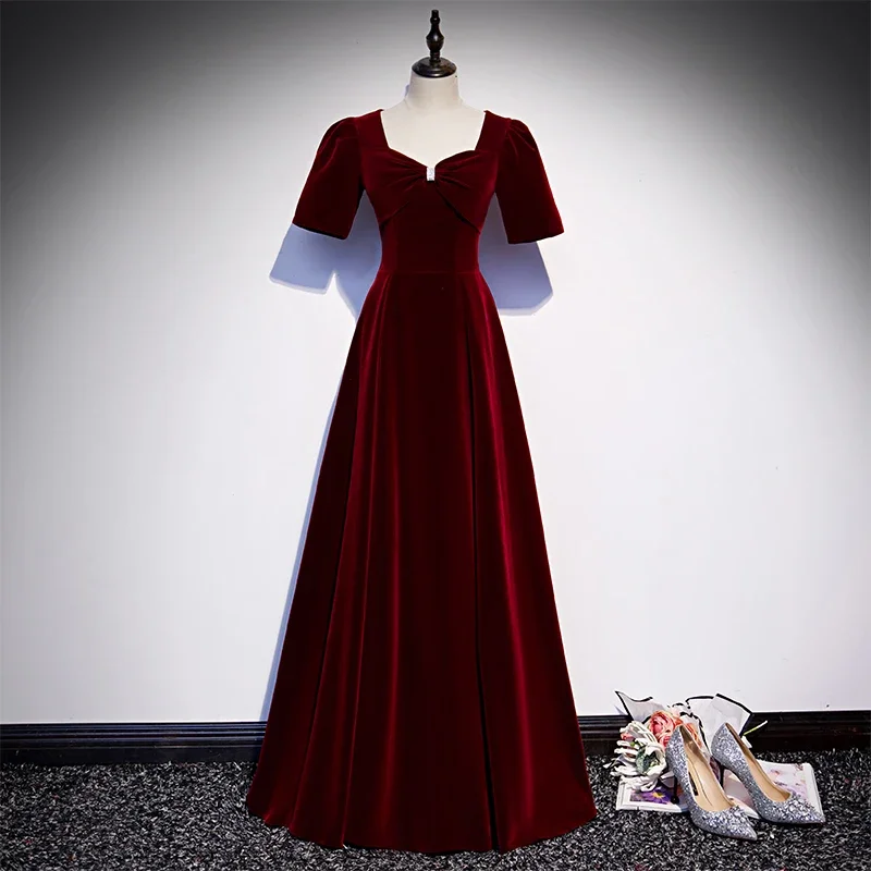 

Customized Evening Dress Wine Red Flannel Square Collar Short Sleeves A-Line Floor-Length Plus size Woman Party Formal Gown B974