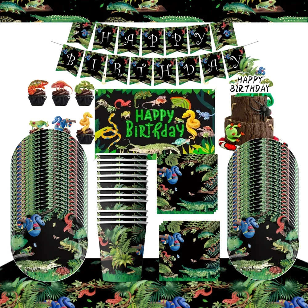 Reptilien-Party Geburtstagszubehör Eidechsen- und Schlangen-Einweggeschirr Pappbecher Teller Servietten Banner Ballon Partydekoration