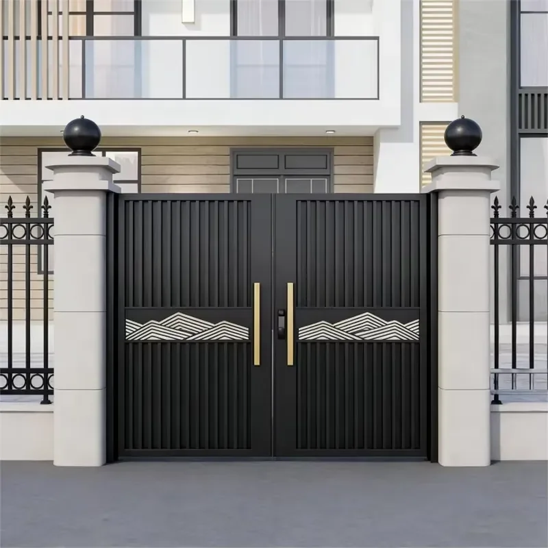 Modern Chinese Aluminum Double Gate Automatic Smart Black Villa Garden Gate Rustproof Exterior Driveway Main Entry Door