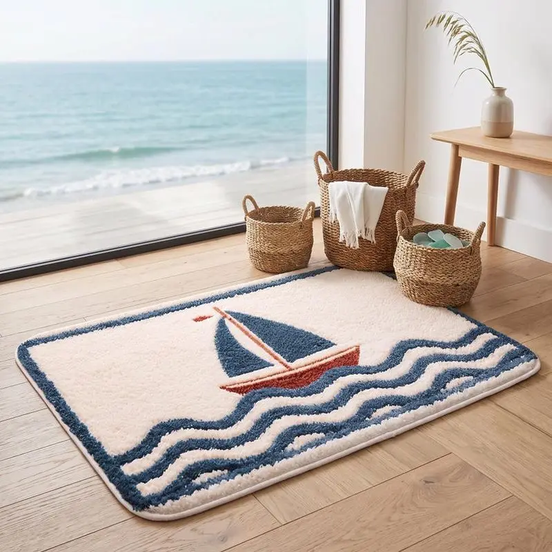 VIKAMA Sailboat Wave Bath Mat Nautical Ocean Pattern Non‑Slip Water Absorbent Bathroom Rug For Coastal Home Decor