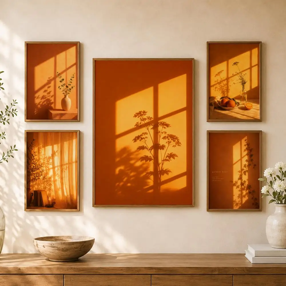 Golden Hour Plant Shadow Warm Minimalist Aesthetic Poster Home Room Cafe Club Decor Aesthetic Art Wall Painting