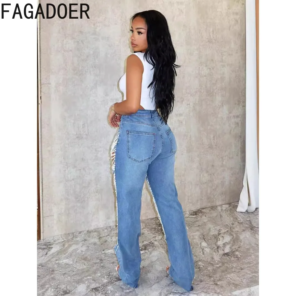 FAGADOER-pantalones vaqueros con agujeros y perlas para mujer, pantalón de cintura alta con bolsillos y botones, elásticos, a la moda, novedad de verano