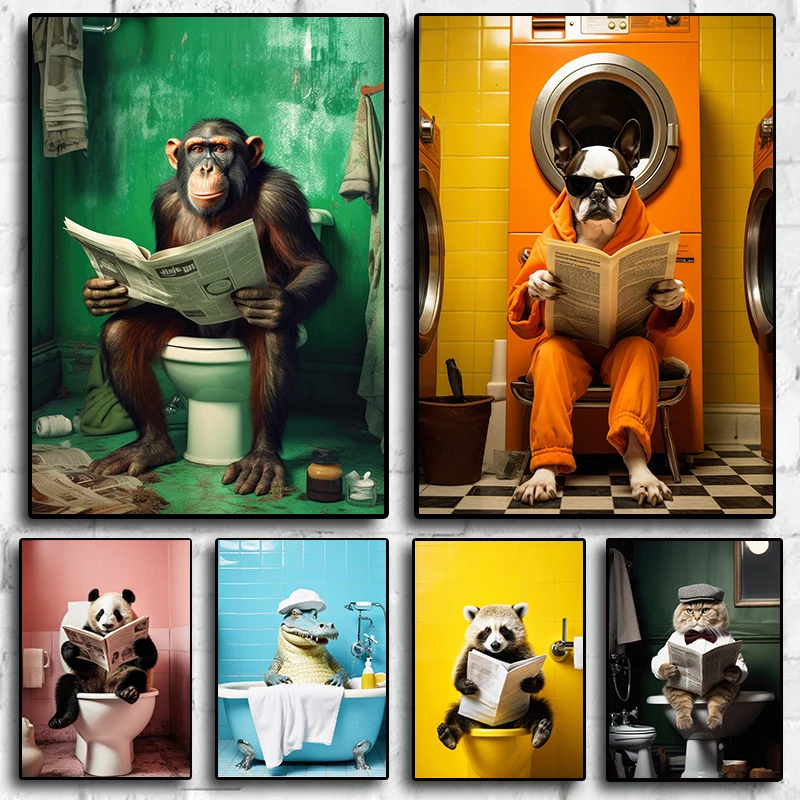 Chimpanzee Cat Dog Animal Funny Series Art Wall Home Decor Picture For Bathroom Toilet Room Canvas Painting Print Posters Gift