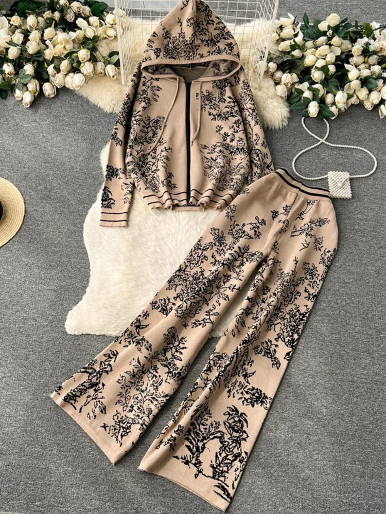 Leisure Fashion Sports Set Age Reducing Knit Shirt 2 Piece For Women\'s High-end Grade Printed Hooded Sweater+ Wide Leg Long Pant