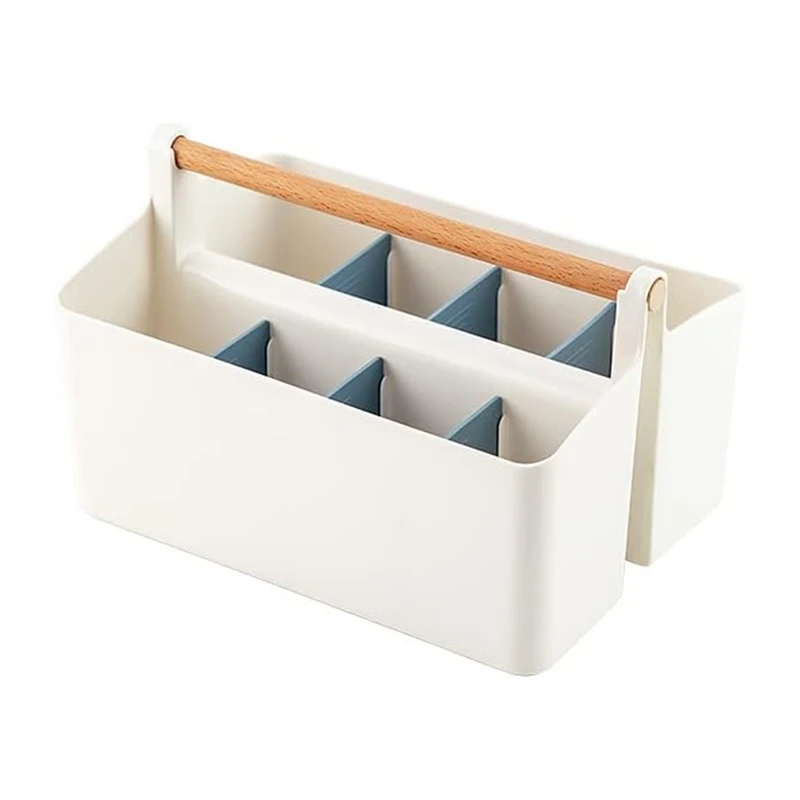 2 Pack Pen Holder Desk Caddys With Wooden Handle Art Crafts Storage Organizer With Adjustable Compartment (White/Blue)