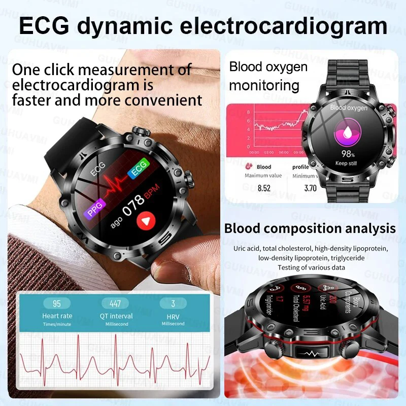 2025 New Nursing Grade Blood Lipids Uric Acid Smart Watch Men ECG+PPG Fitness Tracker Clock Bluetooth Call Sports Smart Bracelet