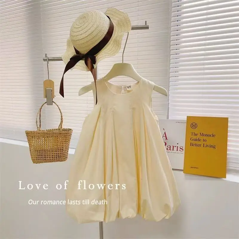 Summer Girls Dress Korean Style Simple Fresh Solid Color Puffy Bud Hem Princess Dress In Stock for 80-130cm