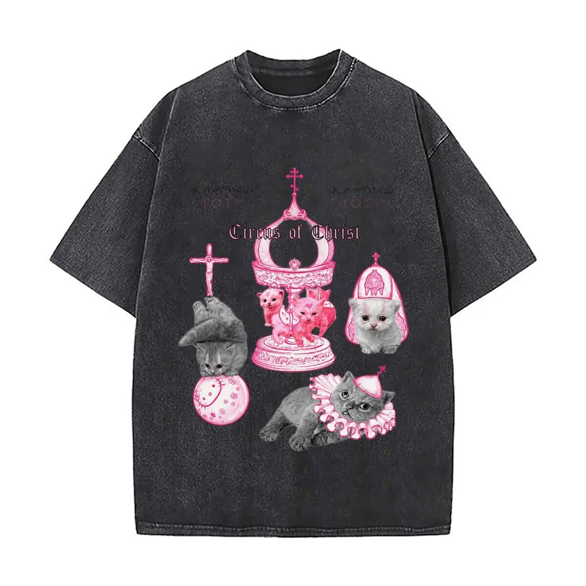 Circus Of Christ Toty Gothic Cats Cross Crown Collage Vintage Distressed Loose Streetwear Tops