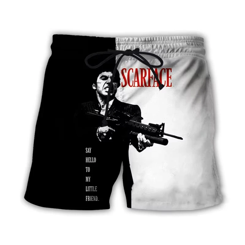Shorts de Natação Masculinos 3D do Filme "Scarface" com Secagem Rápida e Respirável para Surf, Praia e Lazer ao Ar Livre - Moda para Pais e Filhos