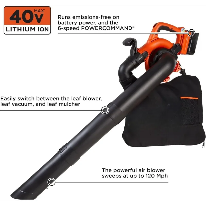 40V Cordless Leaf Blower Kit,120 mph Air Speed, 6-Speed Dial,Built-In Scraper, With Collection Bag, Battery and Charger Included