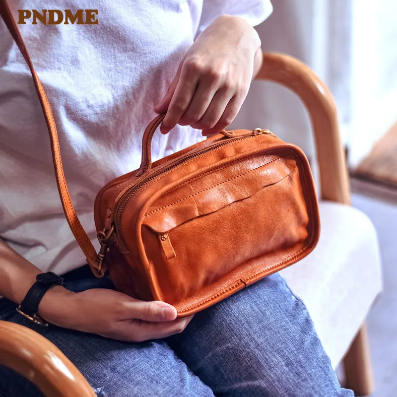 PNDME Fashion Design Genuine Leather Ladies Small Handbag Literary Retro Natural Real Cowhide Women's Party Cute Crossbody Bags