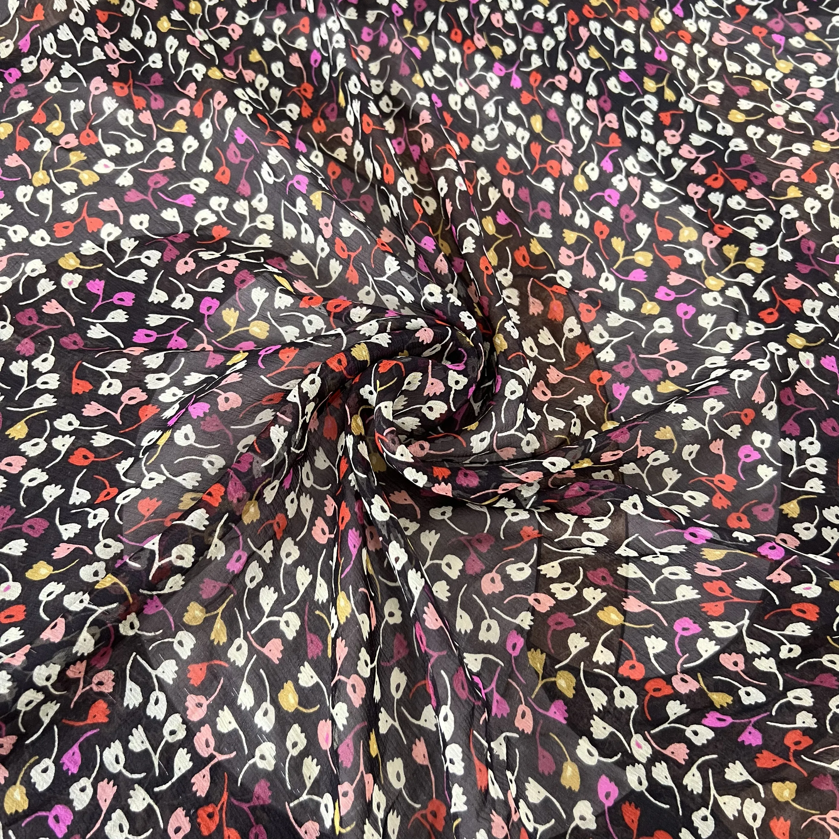 

1 meter 100% Mulberry Silk 12 momme Thin Crinkle Georgette Silk Fabric Black Floral Printed 140cm 55" wide by the yard XX205