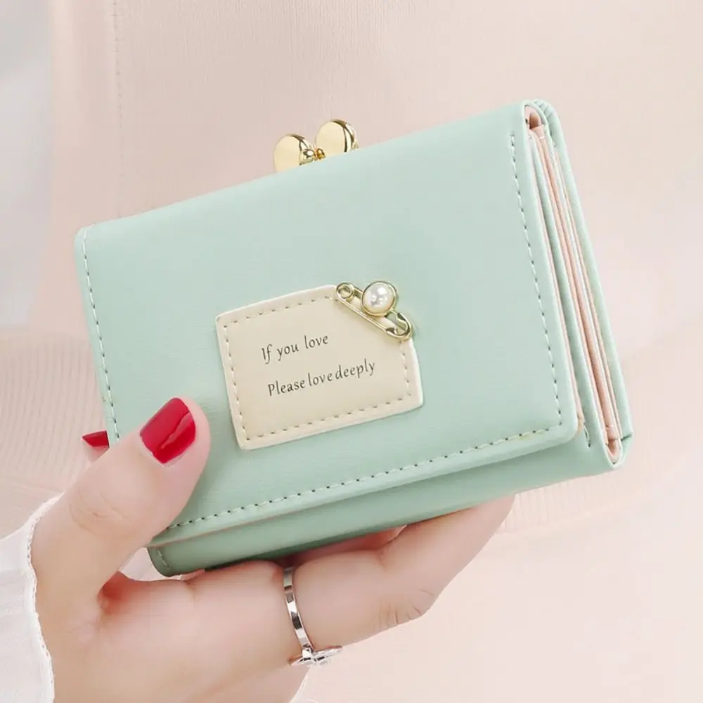 Portable Multifunctional Three Fold Wallet Pearl Square Short Wallet Change Purse Card Holder Pu Leather Coin Purse Female