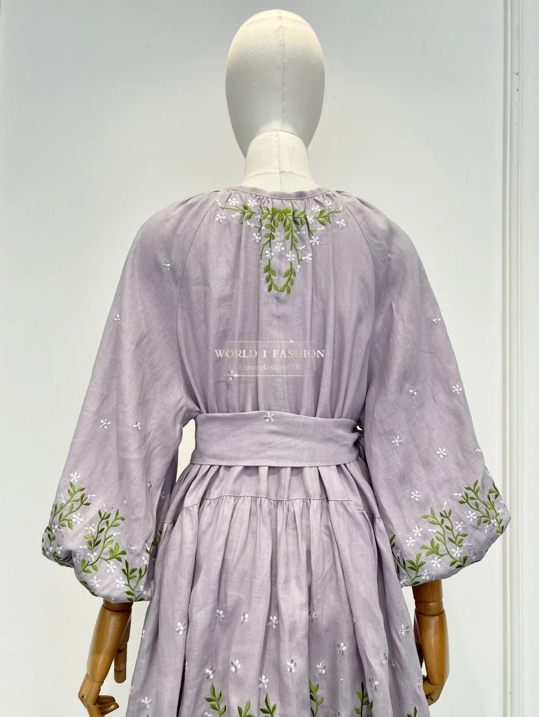 2025 New Women's Violet Vine Embroidery Long Sleeve Pleat Mini Dress High Quality Linen