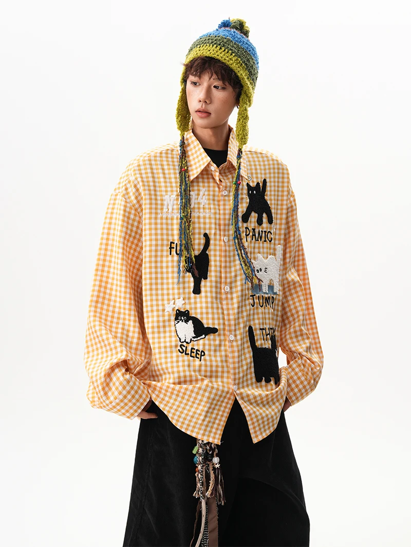 2025 Spring and Autumn New Men's Fun Cat Patch Plaid Long Sleeve Shirt Couple Loose Yellow Blue Casual Daily Shirt