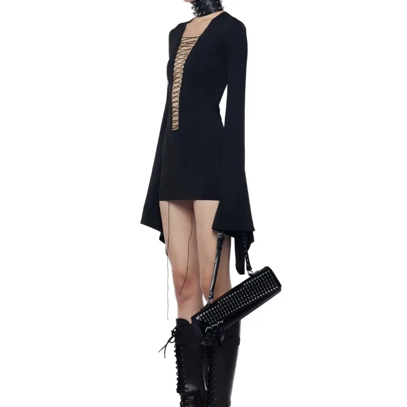 Mini robe Hipster noire pour femmes, Coquette froncée, Sexy, décolleté en V profond, manches longues évasées, moulante, fête, boîte de nuit, tendance Y2K