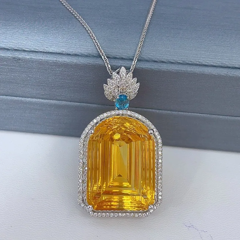 Sazemy 925 srebro Sterling certyfikowane 19*26MM Natual Citrine wisiorek naszyjniki dla kobiet zaręczynowe imprezowa, koktajlowa szlachetna biżuteria