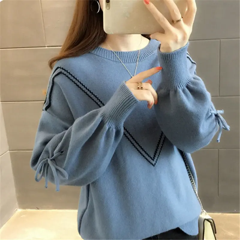 All-match Women\'s Clothing Round Neck Pullover Solid Color Sweater Knitted Long Sleeve Bandage Office Lady Vintage Sweet Tops