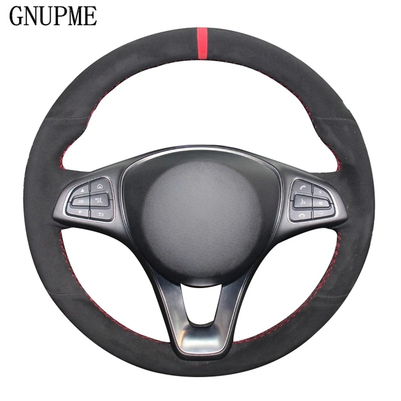 DIY Hand-stitched Black Suede Red Marker Car Steering Wheel Cover for Mercedes Benz C180 C200 B200 C260 C300