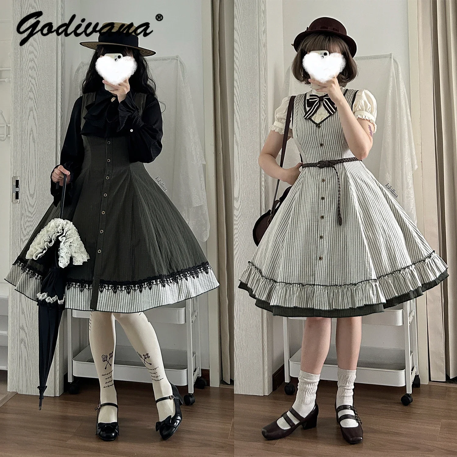 

New 2024 Autumn Female Retro Double-sided Two-wear Lolita JSK Dress V-neck Women's Sleeveless Stripes Slim Long A-line Dresses