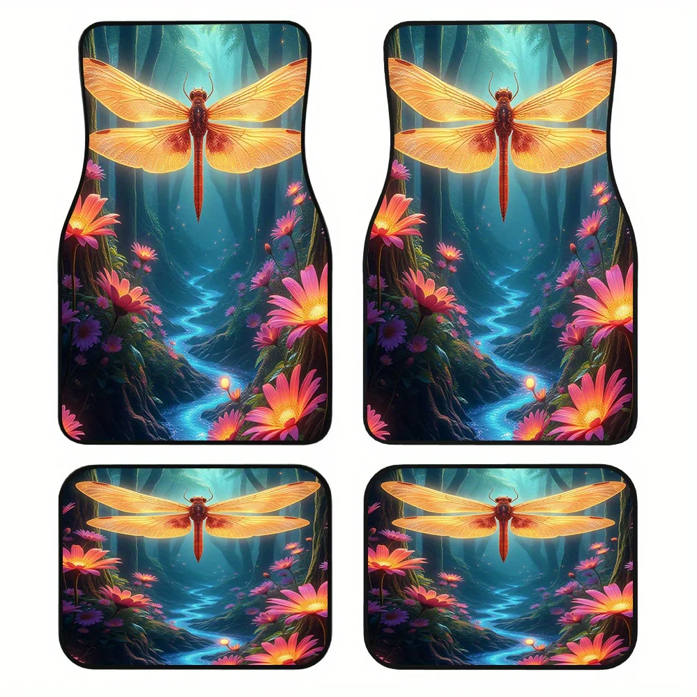 4pcs Vibrant Forest Dragonfly Car Mats - Durable Polyester, Fit For SUVs & Trucks, Ideal For Cleaning & Travel, Indoor/Outdoor U