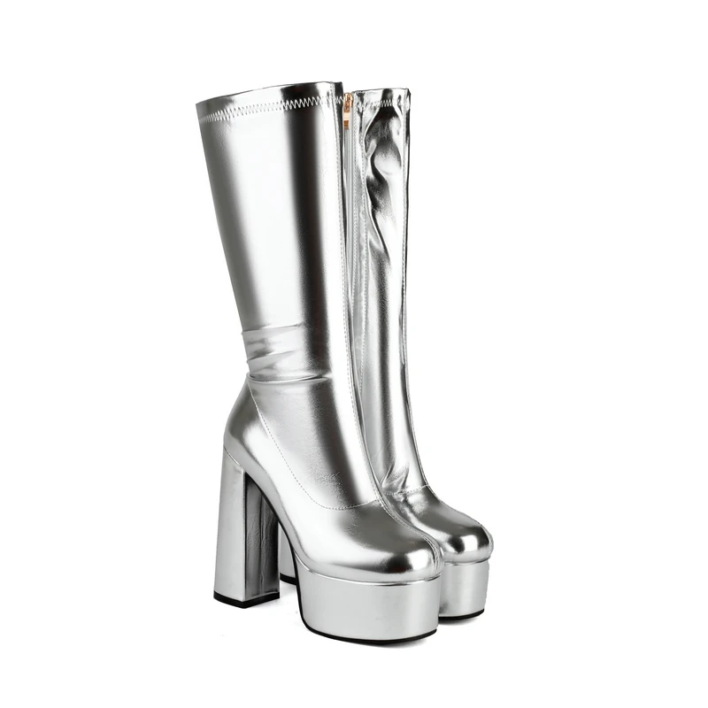Shiny Golden Silver Sexy Club Block High Heels Fall Winter Women\'s Shoes Zip Up Platform Stretch Knee-high Boots Big Size 47 48