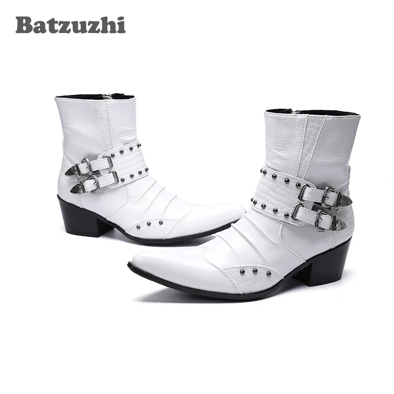 Western Cowboy Men Boots 6.5cm Heels White Genuine Leather Punk Style Iron Pointed Toe Motorcycle High Top Botas Hombre