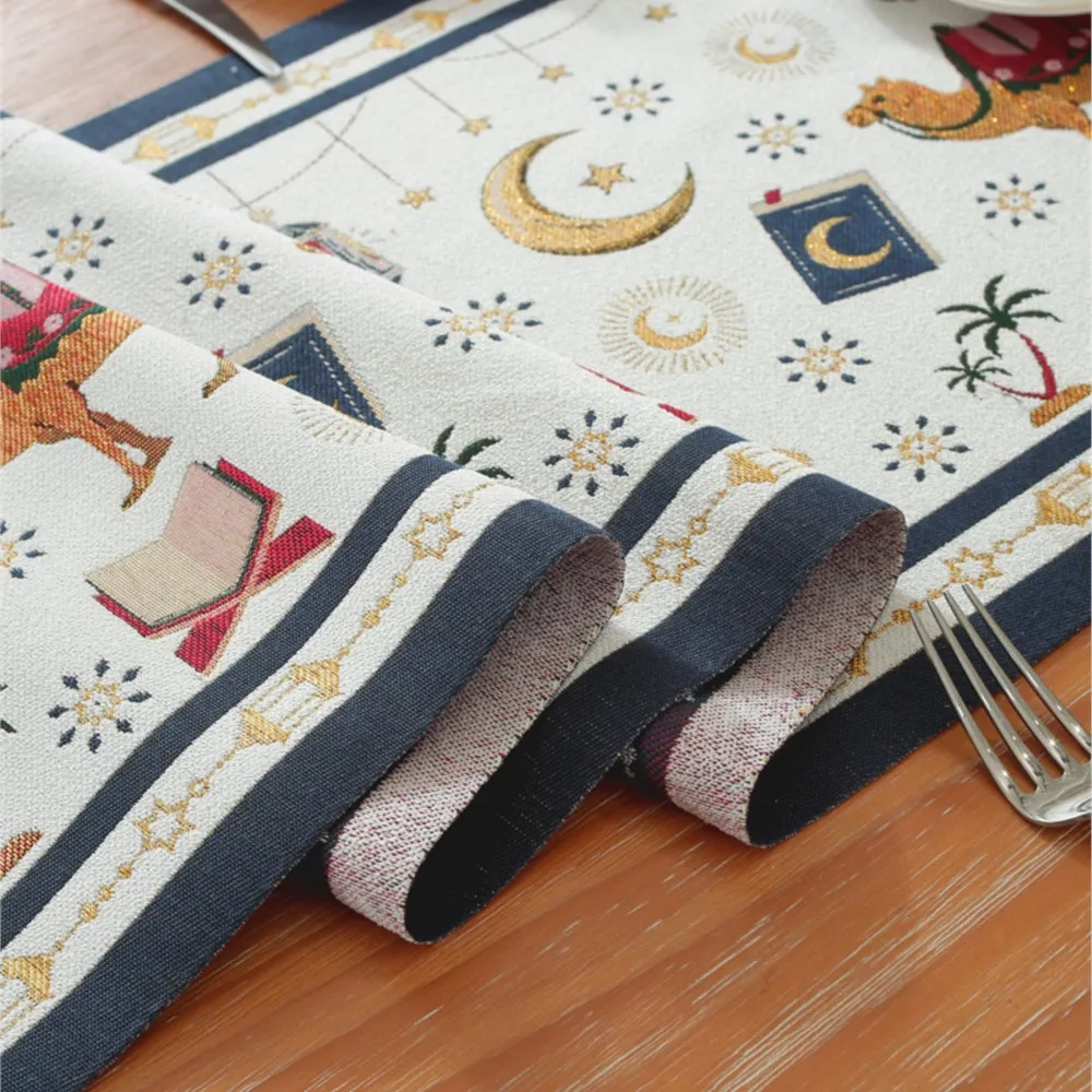 2026 عيد الفطر غزل مصبوغ الجاكار الجدول عداء البوليستر أضواء النجوم/الجمل/نمط القلعة شرابة تقليم السرير عداء/مفرش المائدة