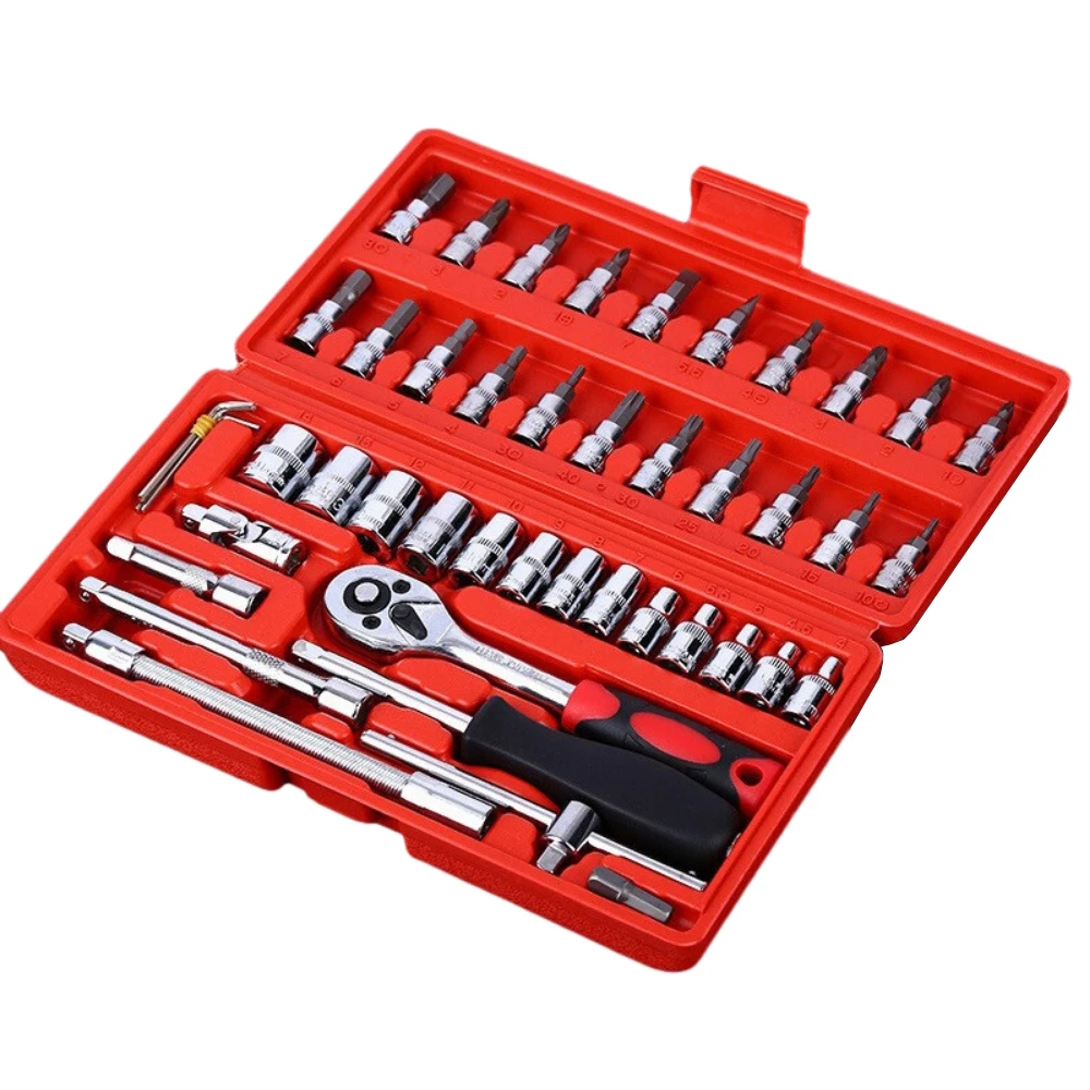 46PCS Car Repair Tool Set 1/4-Inch Socket Set Car Repair Set Ratchet Torque Wrench Combo Tools Kit Auto Repairing Tool Set