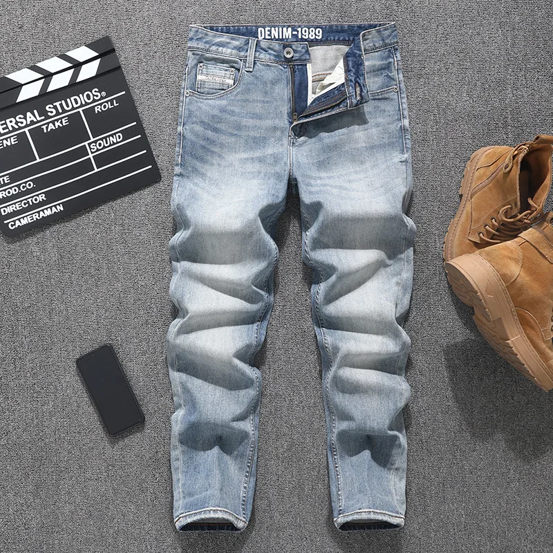 2025 New Nostalgic Grinding White Jeans for Men, High end Fashion Street Stretch Slimming Retro Made Denim Pants