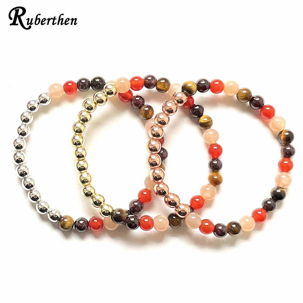 Ruberthen, nuevo diseño, 6 MM, piedra solar, granate, ojo de tigre, piedra cornalina, pulsera mixta, cuentas de Cooper para mujer, Mala de muñeca para Yoga