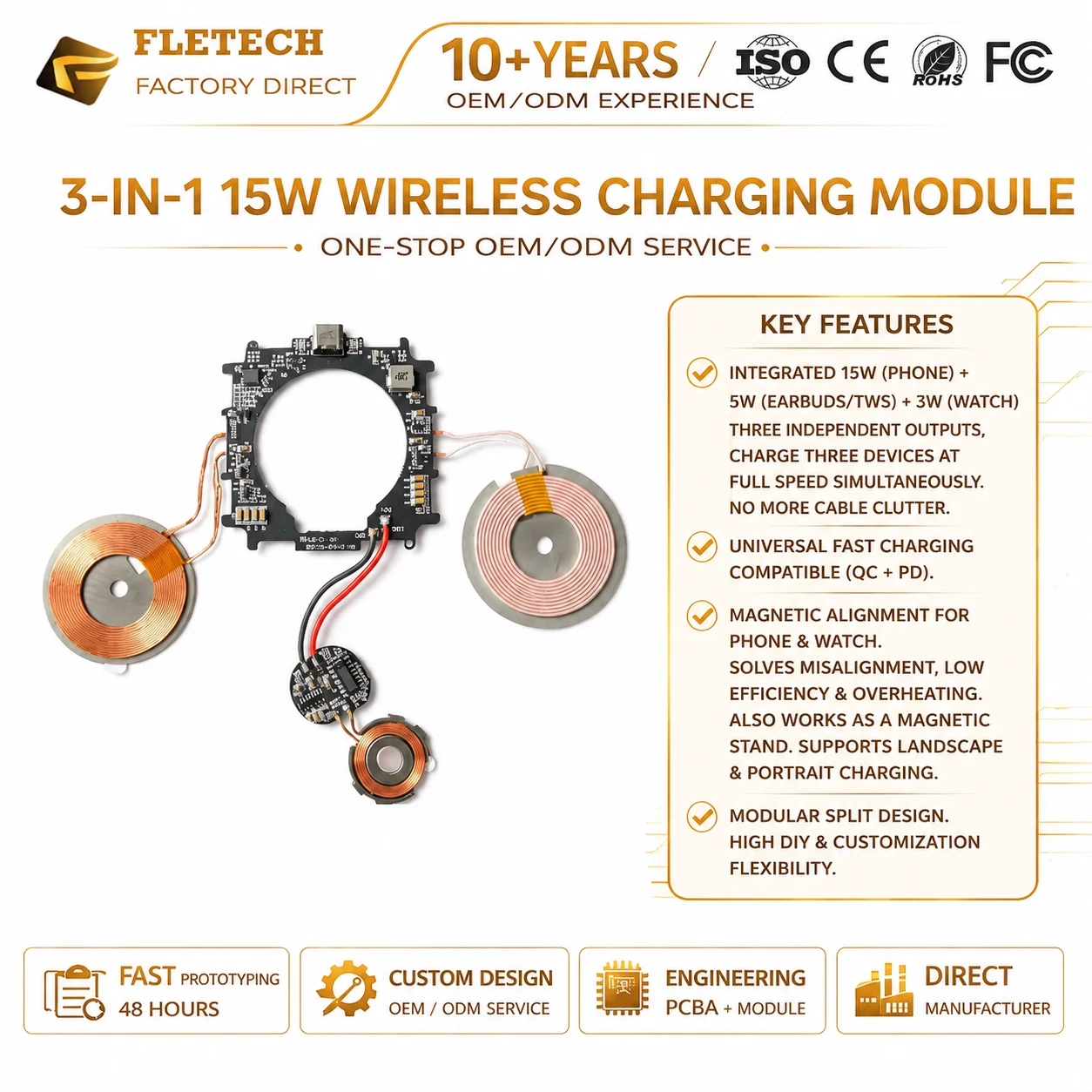 3-in-1 15W Wireless Charging Module Multifunctional Magnetic Wireless Charging PCBA DIY All-in-One Wireless Charging Mainboard