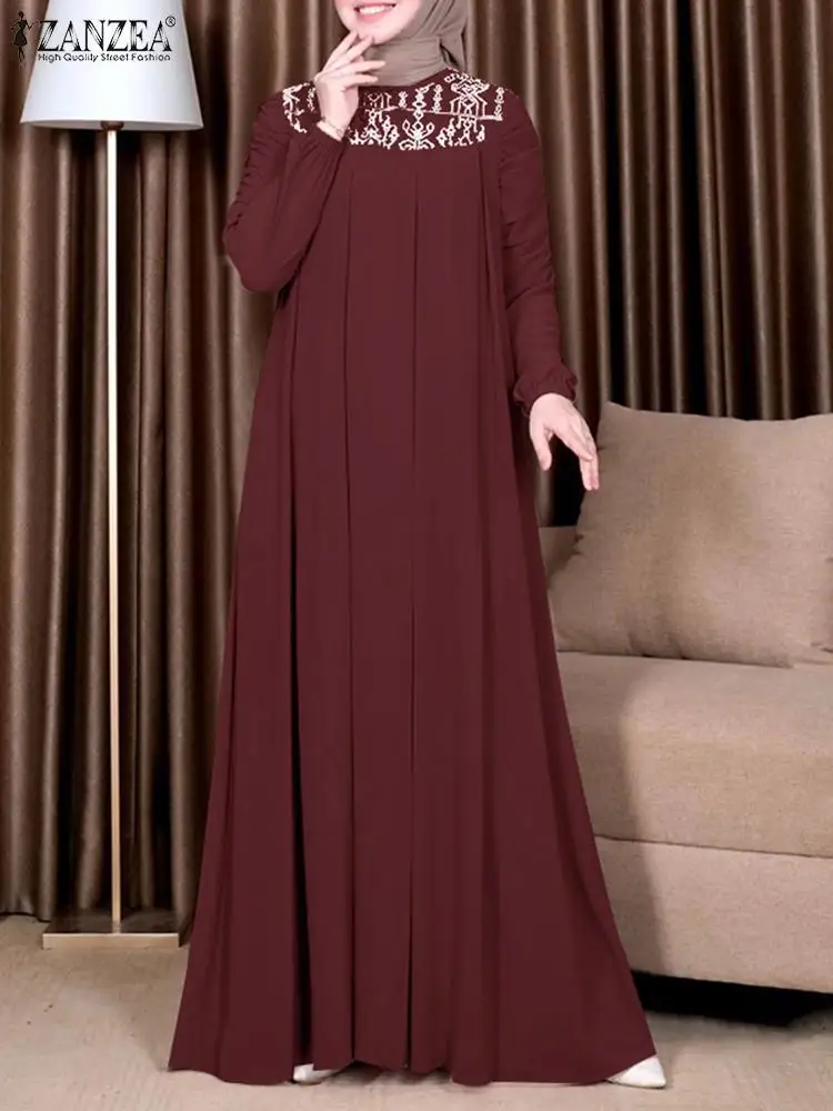 Eleganckie damskie sukienki muzułmańskie z długim rękawem ZANZEA 2024 jesień Abaya hidżab sukienka moda islamska odzież dubaj turcja Sundress