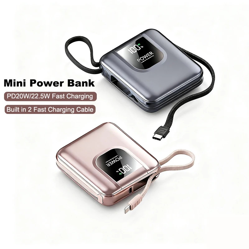 

Mini Power Bank 20000mAh Built in Cable Powerbank Portable External Battery PD 22.5W Fast Charging For iPhone 17 Xiaomi Samsung