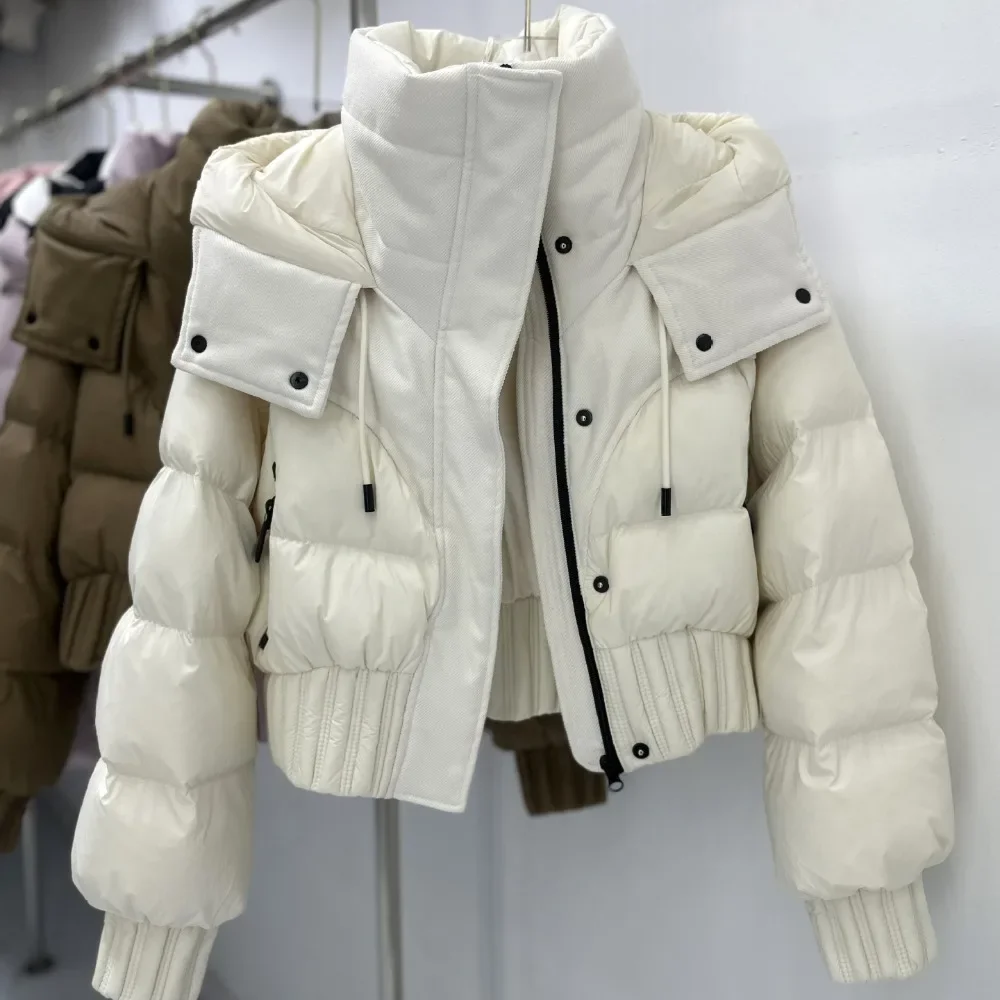 Light Down Jacket Black White Warm Short White Down Coat Thick Women Long Sleeve Feather Hooded Outfit Waist Puffer Jacket Lady