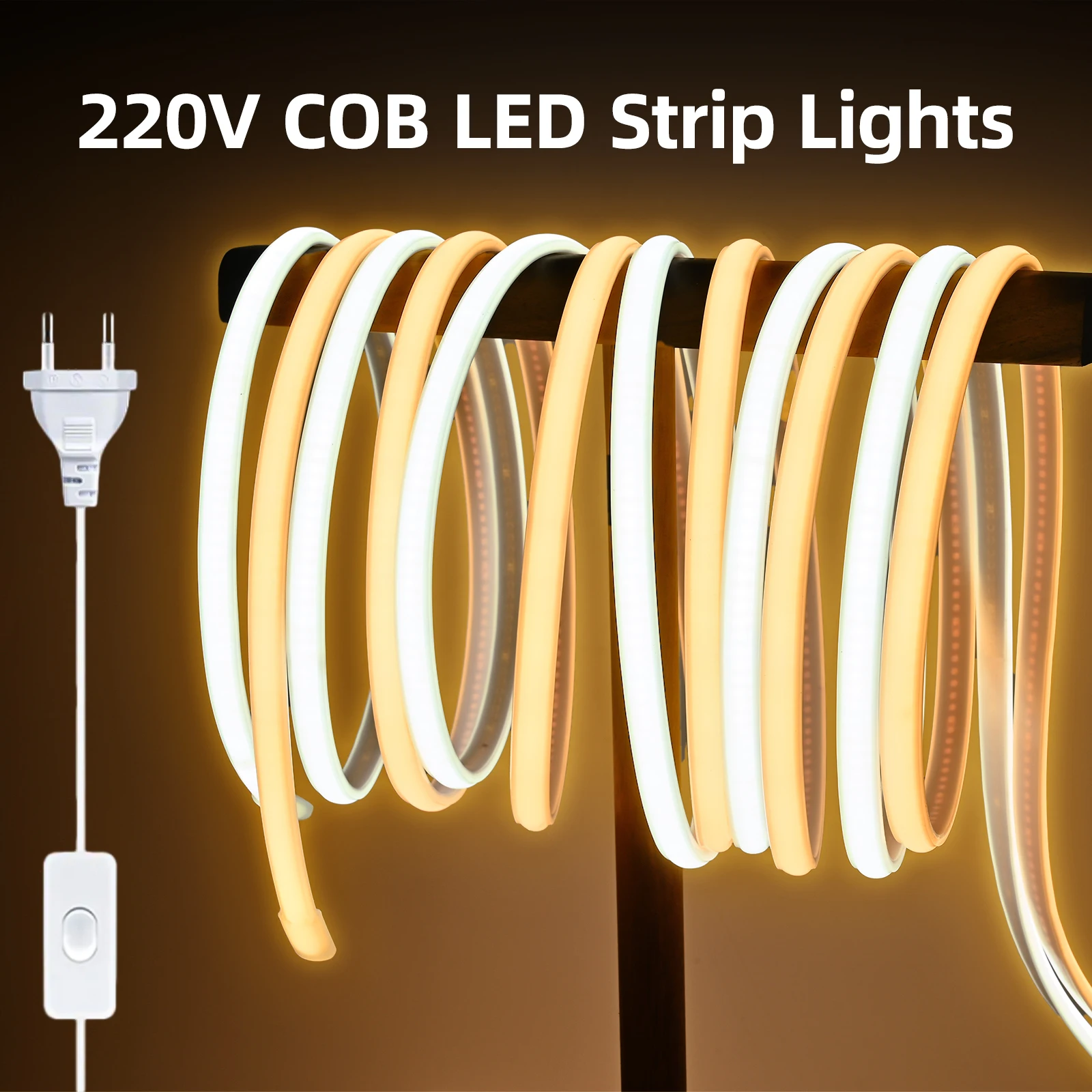 Imagem -02 - Cob Led Strip Lights para Iluminação Interior Fita Adesiva Lâmpada ao ar Livre Flexível Fita Impermeável Cozinha Jardim 288leds por m 220v