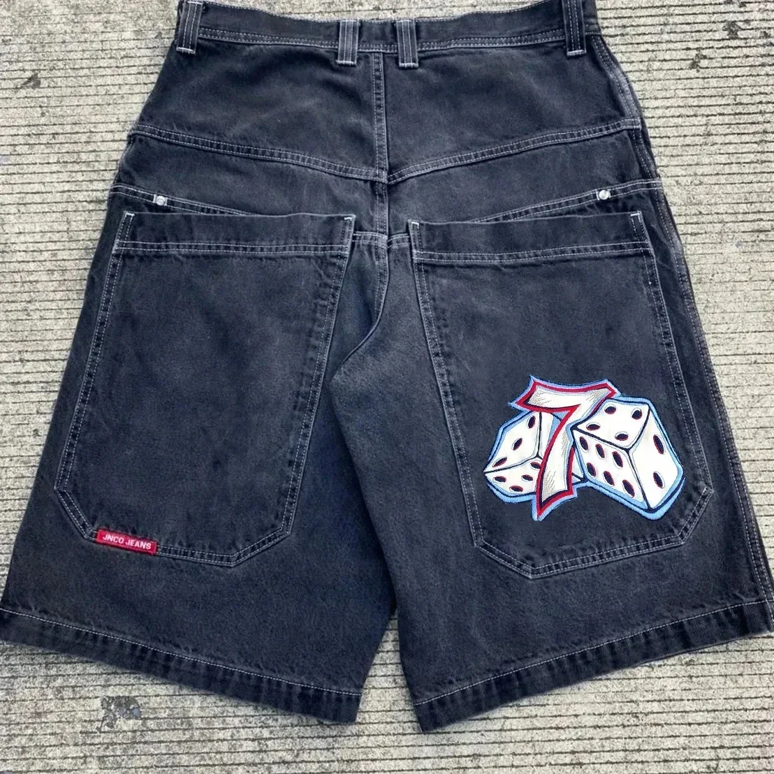 

Retro Baggy JNCO Shorts Y2K Harajuku Hip Hop Lucky Dice Graphic Print Denim Gym Shorts Gothic Men Basketball Shorts Streetwear