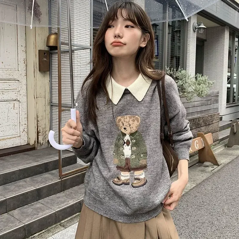 New Fashion Bear Embroidery Women's Sweater Spring Autumn Knitted Cashmere Patchwork Lapel Long Sleeve Pullover Tops Knitwear