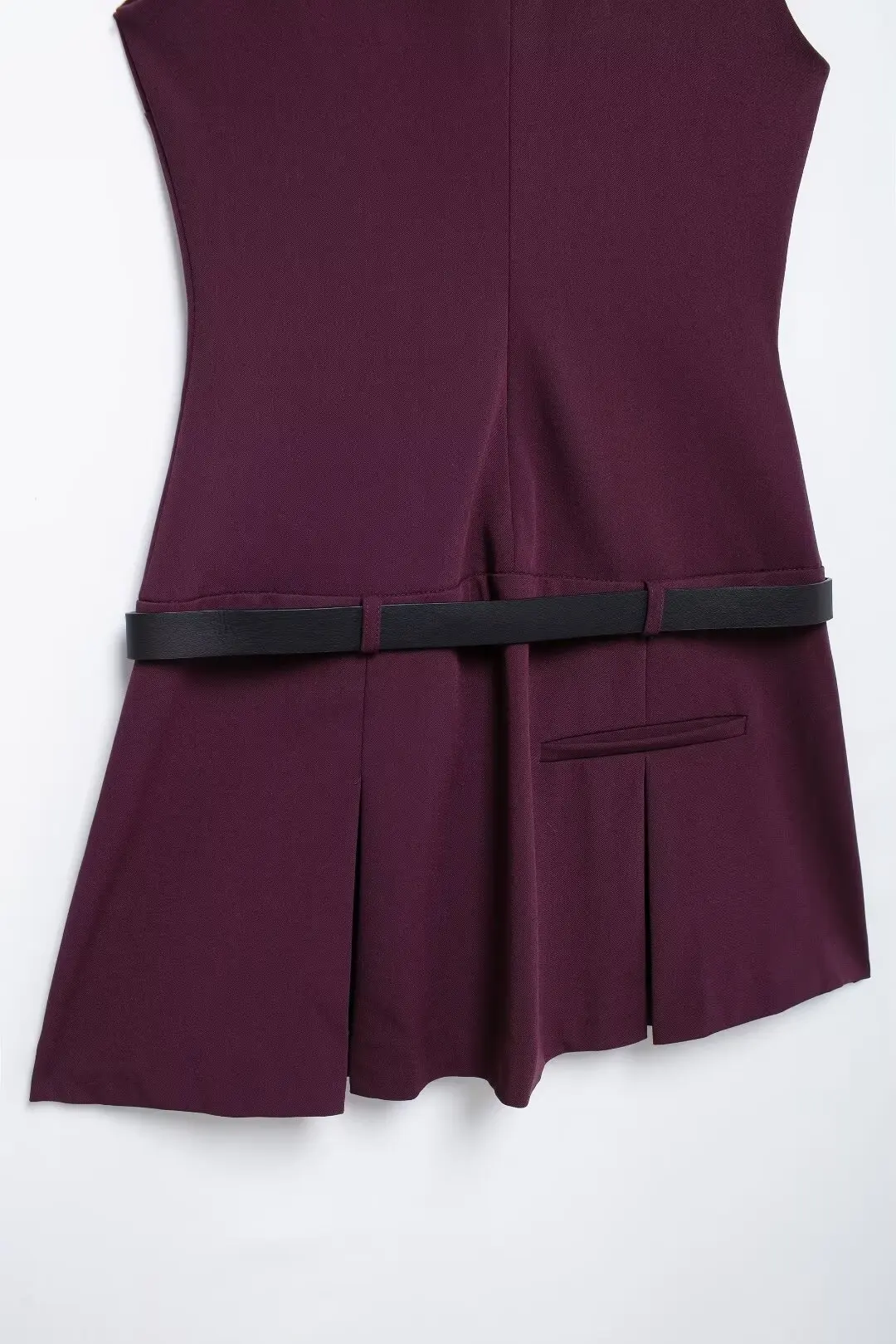 Autumn And Winter New Women\'s Clothing Wine Red Simple Temperament With Belt Wide Pleated Sleeveless Dress Short Style