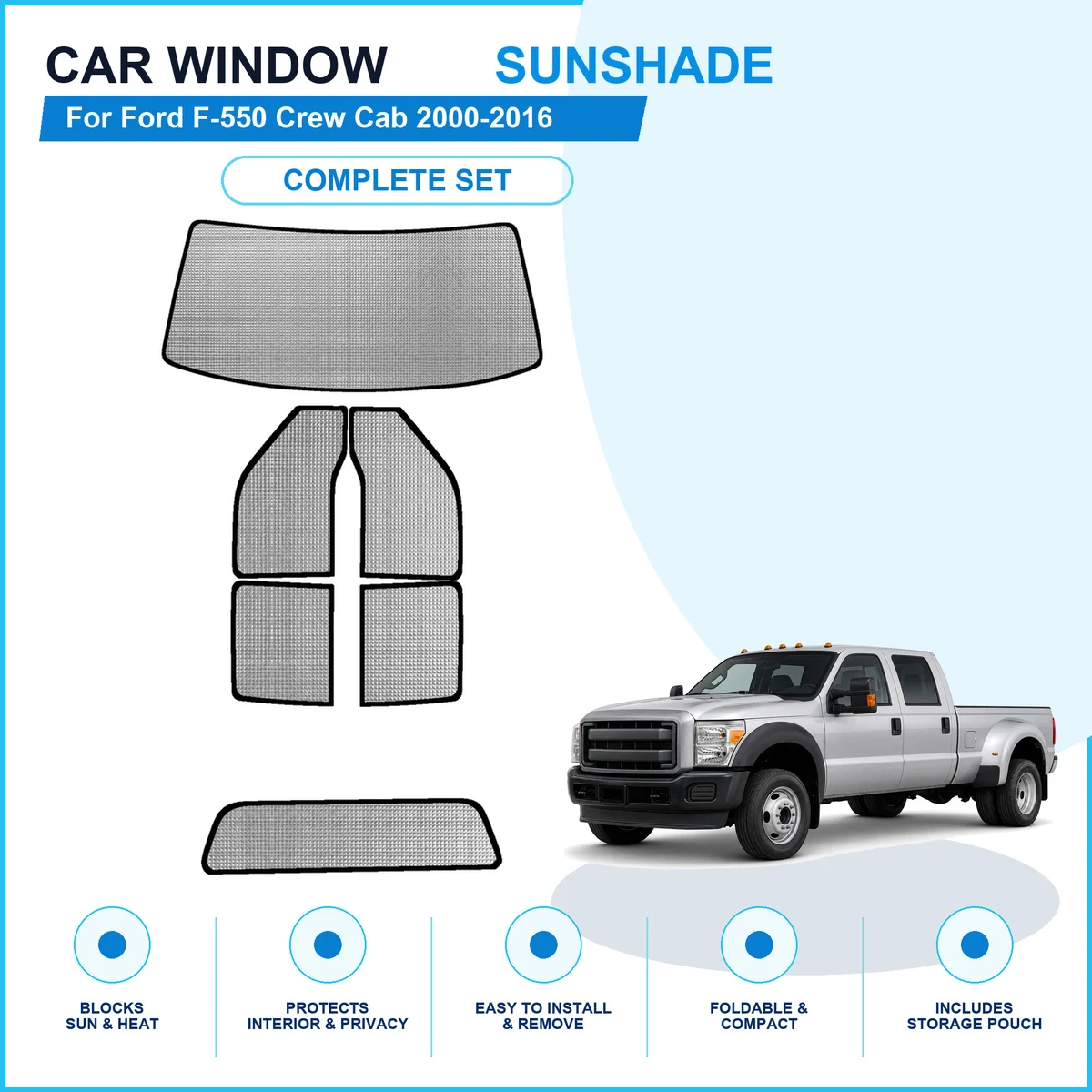 For Ford F-550 Crew Cab 2000-2016 Custom Full Set Window Sunshades Aluminum Foil Suction Cup Anti UV Privacy