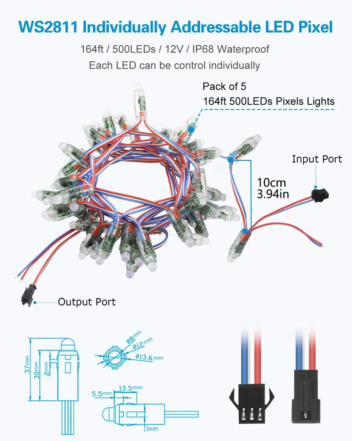 500pcs WS2811 Individually Addressable RGB LED Pixel Lights, 12mm Round Diffused Bullet Color Changing Decoration