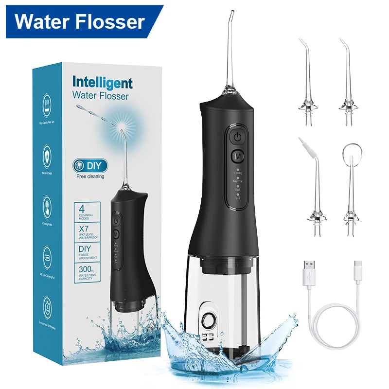 Water Dental flosser Teeth Pick- 4 Modes Cordless Oral Irrigator 300ML Portable and Rechargeable IPX7 Waterproof Powerful Batter