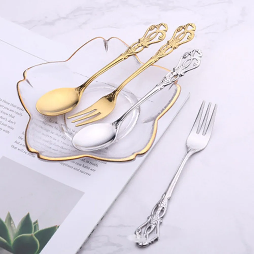1 Pair Vintage Gold Spoon Fork Cutlery Set Stainless Steel Luxury Dessert Spoon Relief Hollow Craft Kitchen Flatware view 6