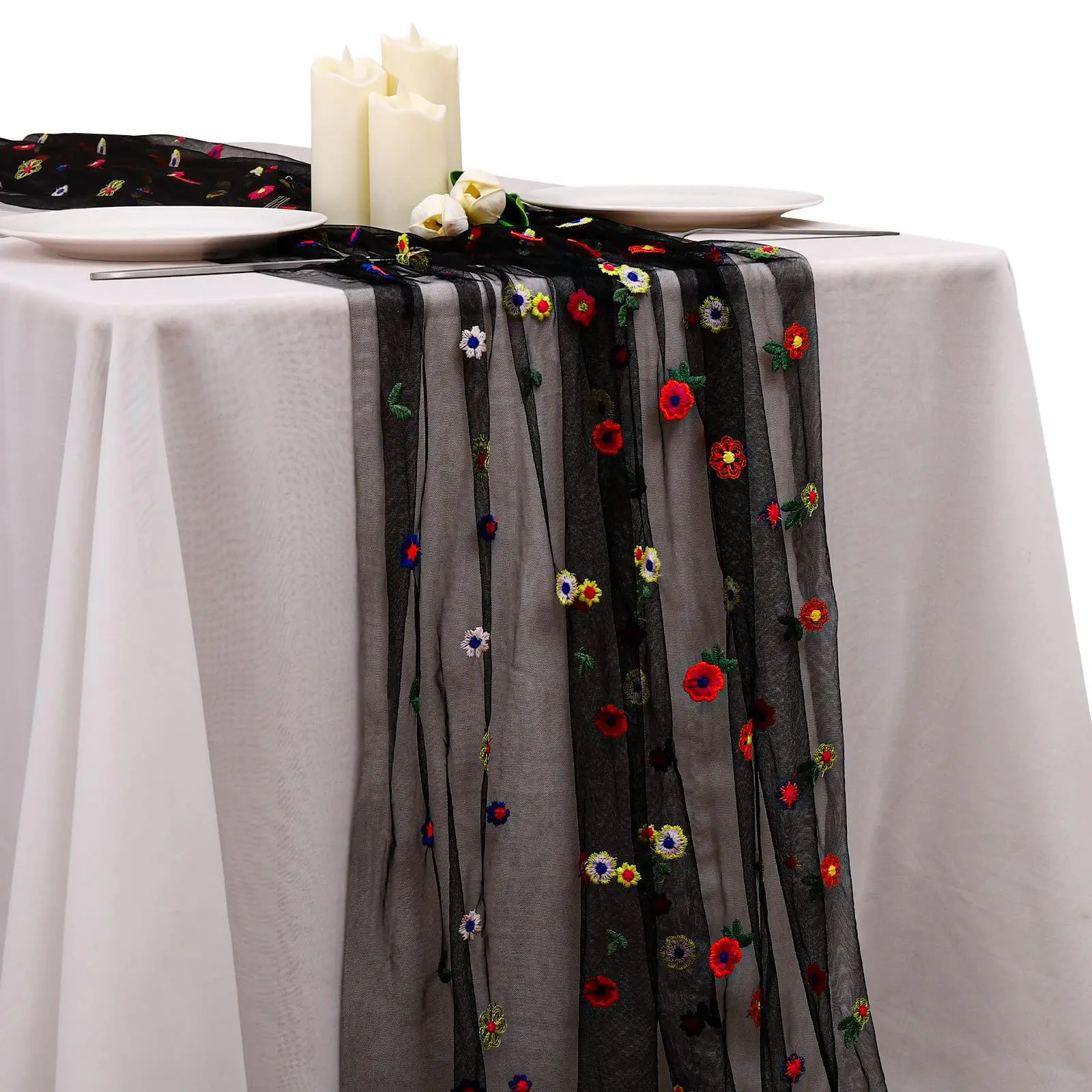 

Black Daisy Fall Table Runner Embroidery Gauze Florals Seasonal Tulle Holiday Birthday Kitchen Dining Table Decor for Home Party