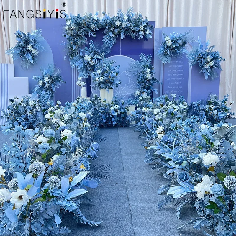 

Luxuy Custom haze blue road leads flowers Arrangement Rose Artificial Flower Row Wedding Decor Backdrop Flower Window Display
