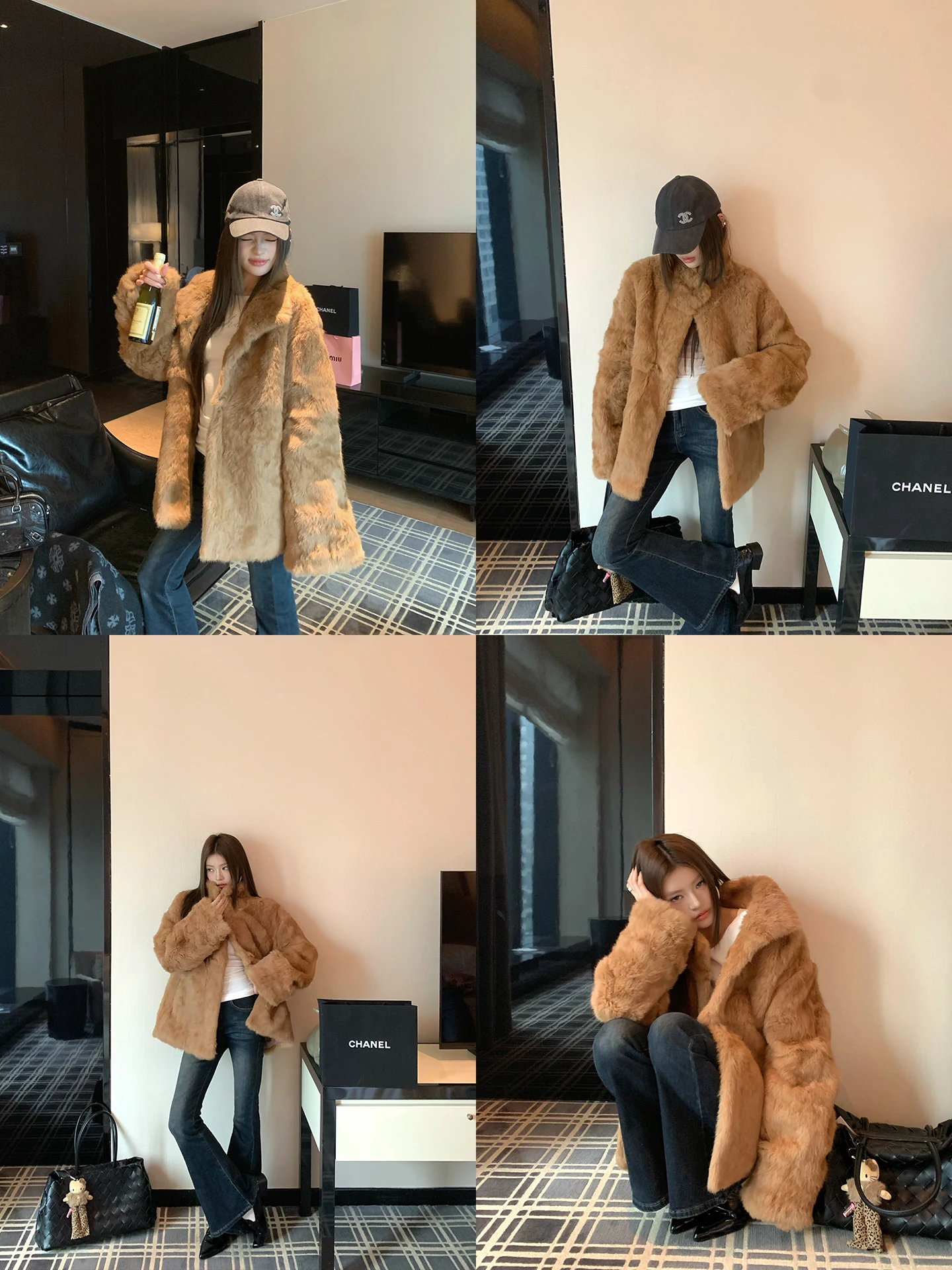 

Gilded Mid-Length Rabbit Fur Coat Thousand Gold Sle Fur Outerwear Warmth Youth Casual Whole Skin Bal Long Sve