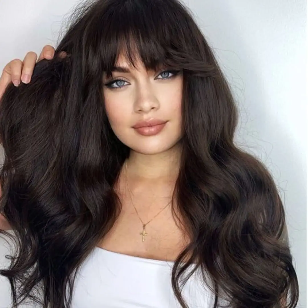 Panjang Rambut Manusia Wig dengan Poni Brasil Tubuh Gelombang Wig Penuh Mesin Wig dengan Bang 16-20 Inch 130% Kerapatan Remy Yepei Rambut